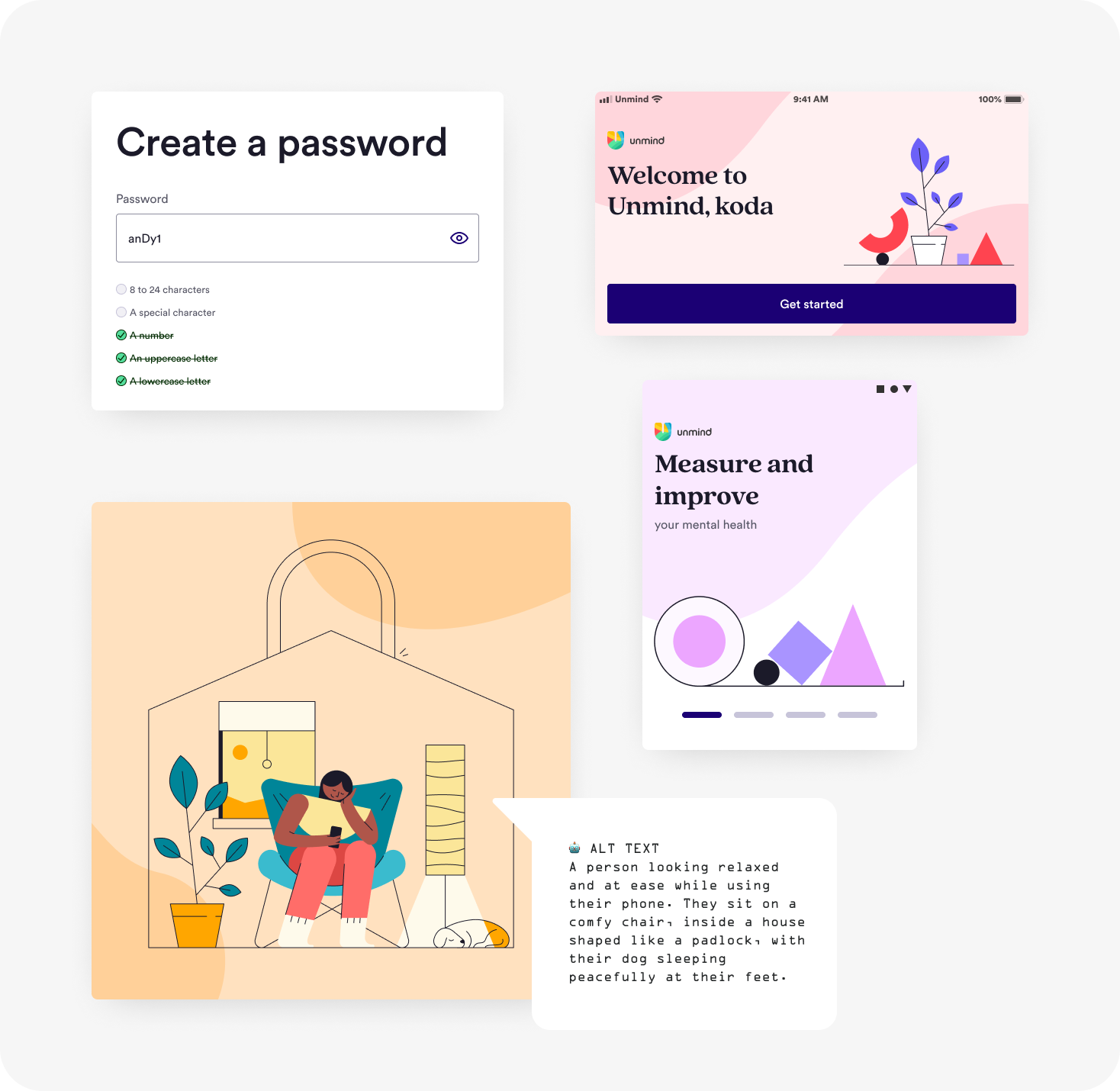 A montage of four accessibility improvements. 1. 'Create password' field now shows each password rule, and marks them as completed when done — this is done both visually and for access devices. 2. Landscape orientation is available for all platforms and devices. 3. Illustrations have alt-text that describe what is happening and and emotional context as visuals try to convey. 4. Swiping through a native devices introduction carousels can now be done in a variety of ways for people of differing abilities and access needs.