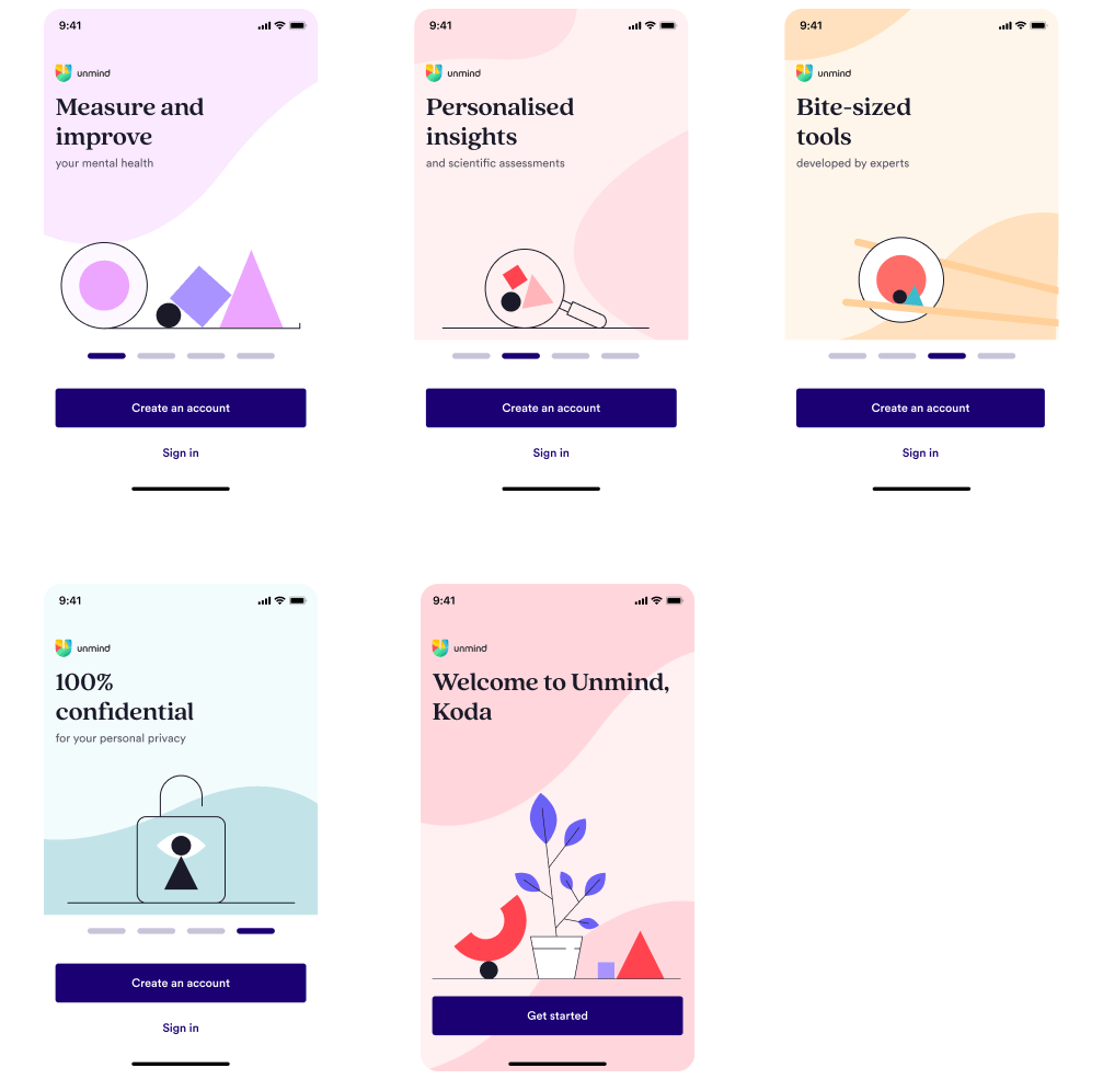 Five mobile screens are shown. The first screen reads 'Measure and improve your mental health', with an illustration of a circle, square, and triangle shapes sitting on a measuring tool. The second screen reads 'Personalised insights and scientific assessments', with an illustration of a magnifying glass with the circle, square, and triangle shapes being magnified. The third screen reads 'Bite-sized tools developed by experts', with an illustration of chopsticks holding a slice of sushi with the circle, square, and triangle shapes inside the sushi. The fourth screen reads '100% confidential for your personal privacy, with an illustration of a padlock with an eye (the eye is made out of the circle, square, and triangle shapes). The final screen reads ' Welcome to Unmind Koda, with an illustration of a plant that is growing surrounded by the circle, square, and triangle shapes.