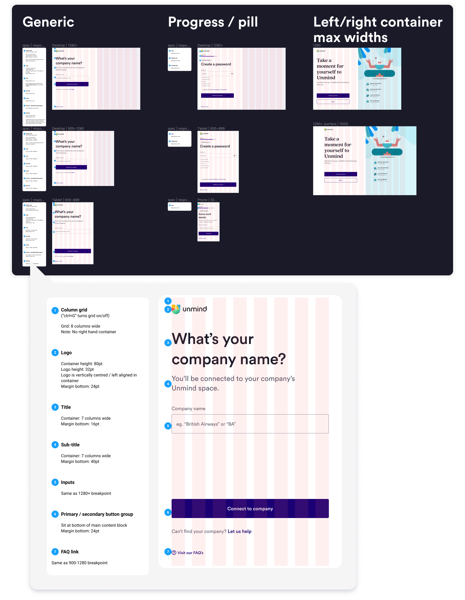 Part of a Figma file showing web screen layouts for a 'generic view', 'progress bar view', and 'split-screen view'. A magnified screenshot of a 'generic view' shows how the annotations have been written for each screen components attributes — an example is of the 'title component', which reads 'container is 7 columns wide, and margin bottom is 1 rem'.
