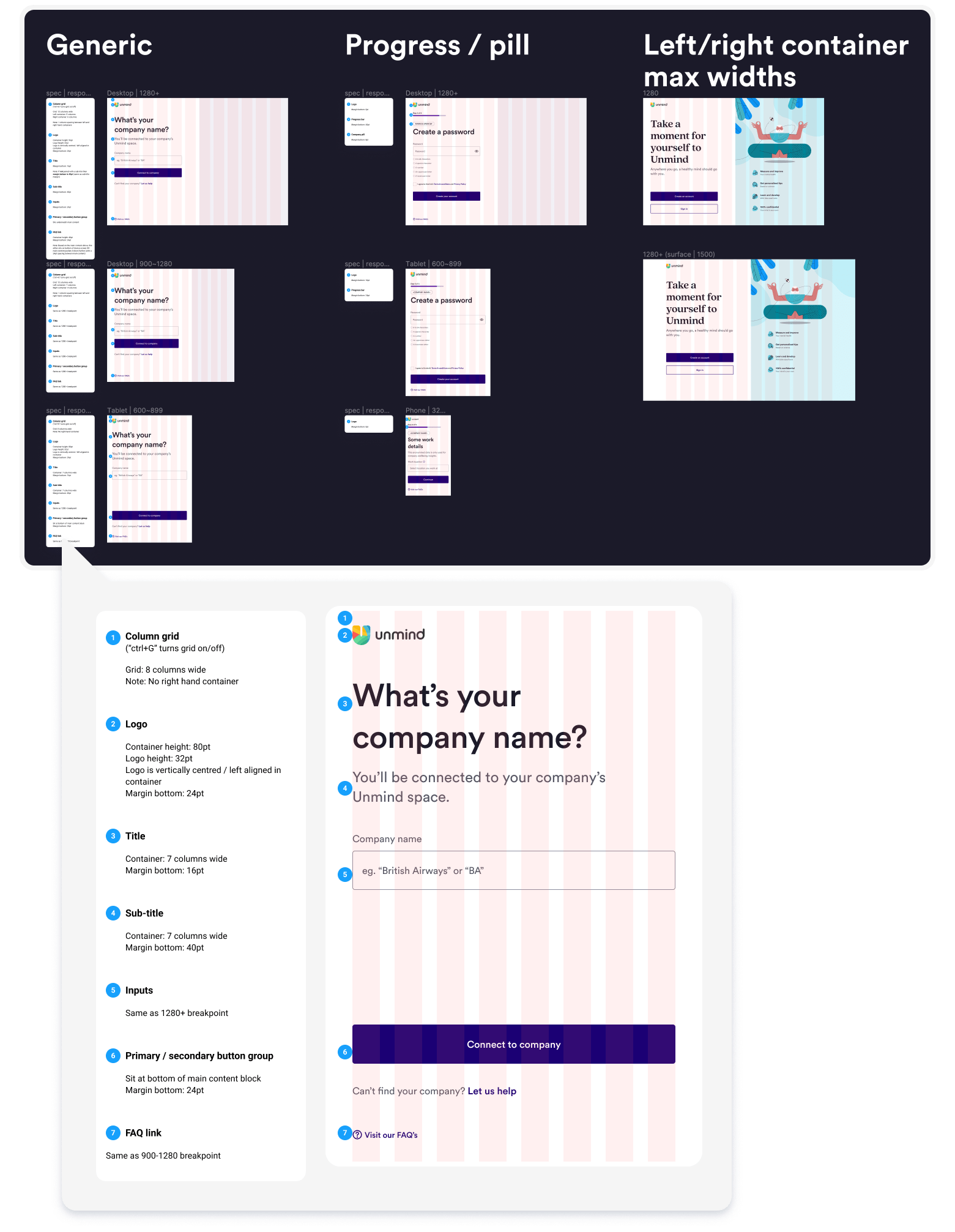 Part of a Figma file showing web screen layouts for a 'generic view', 'progress bar view', and 'split-screen view'. A magnified screenshot of a 'generic view' shows how the annotations have been written for each screen components attributes — an example is of the 'title component', which reads 'container is 7 columns wide, and margin bottom is 1 rem'.