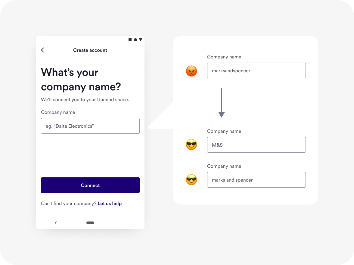 New 'What's your company name?' screen showing the old unique-way to enter a company name ('marksandspencer'), vs the improved new ways ('marks and spencer, or 'M&S' as examples).