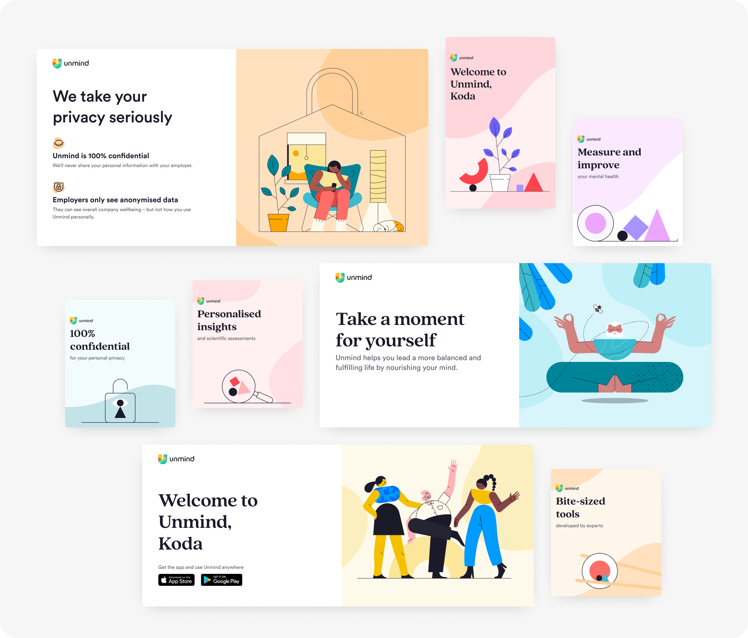 A montage of new screens that show the use of a soft and warm pastel coloured palette, large playful illustrations, and lots of white space to evoke feelings of warmth and trust.