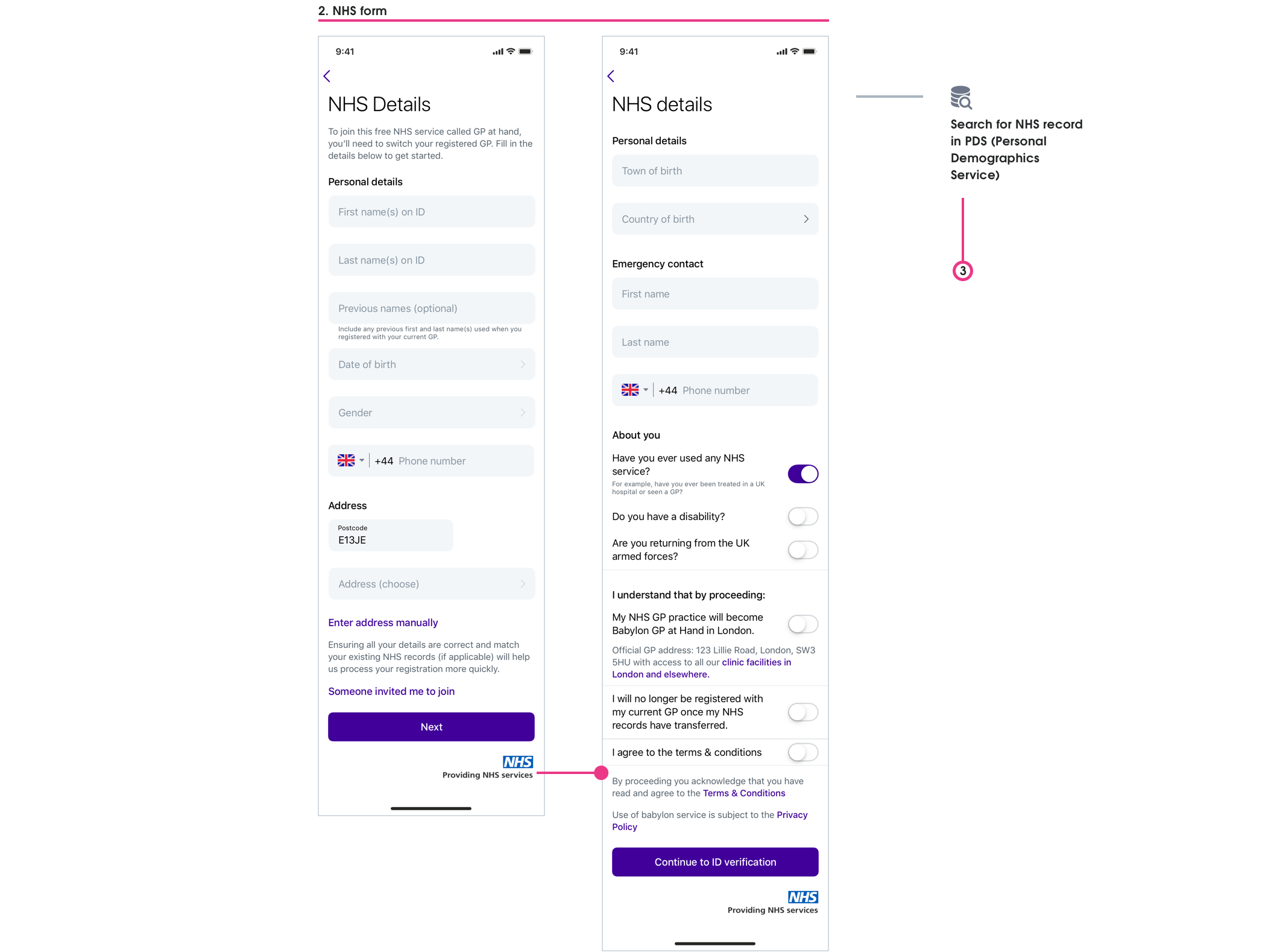 The 'NHS form' is made up of two steps: 1. Personal info, and 2. GP practice info. This information was then checked against existing NHS records.