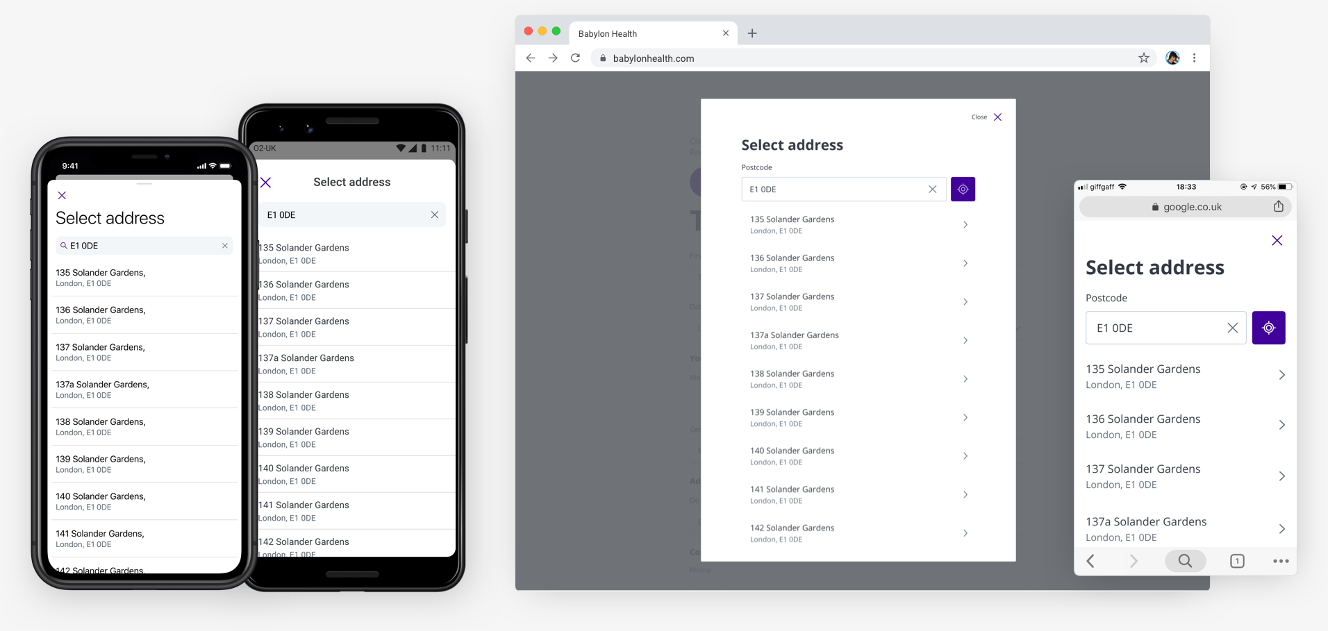 The User profile address picker on iPhone, Android, and Web. This updated address picker component now allowed postcode searching and address viewing within the same modal.
