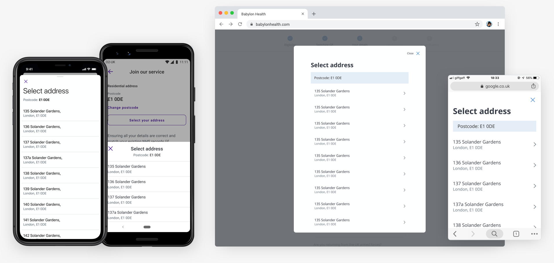 The GP at Hand address picker on iPhone, Android, and Web. The main address line is now on the first line, and the city and postcode sit on the second line for all platforms.
