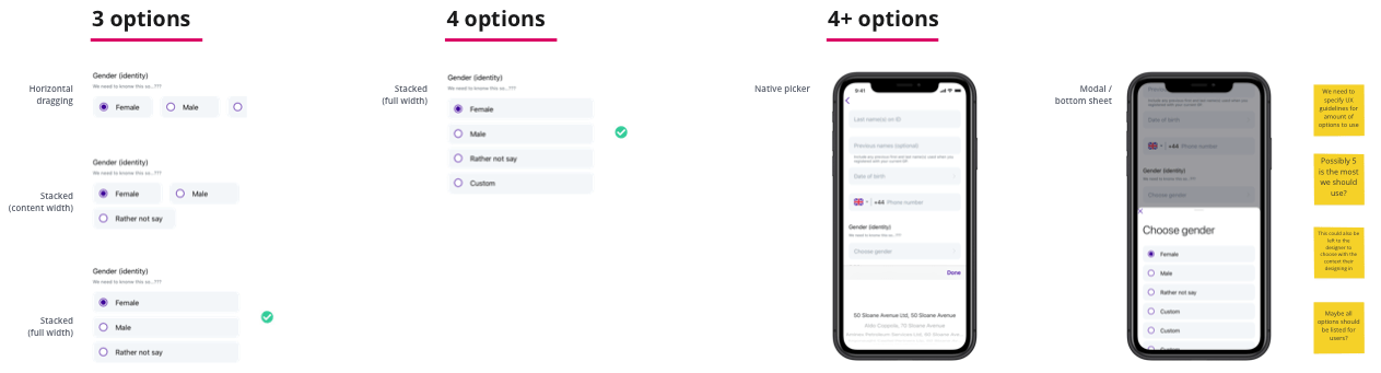 Options explored for a three or more answers use-case included a horizontal radio button sliding interaction, and a full view-width radio button that was then stacked on top of each other.