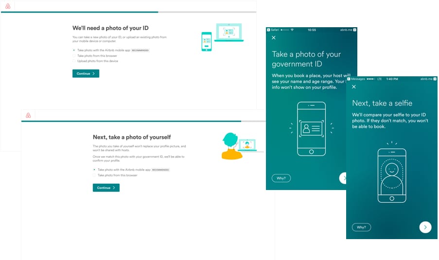 Some desktop and mobile screens from the Airbnb flow showing - their use of illustrations to bring a little delight to the flow.