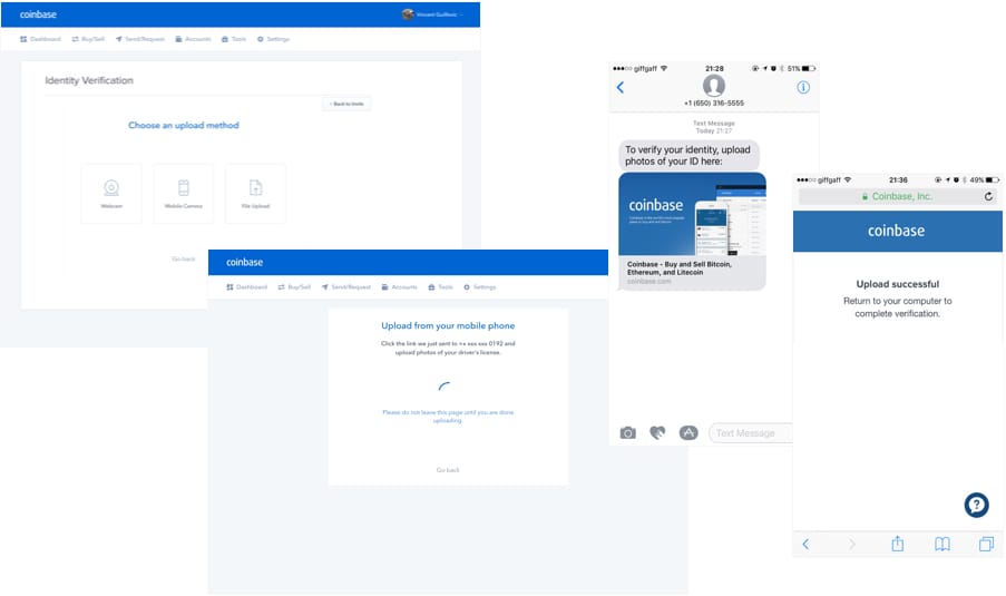 Some desktop and mobile screens from the Coinbase flow: showing choosing an upload method and an SMS sent to user.