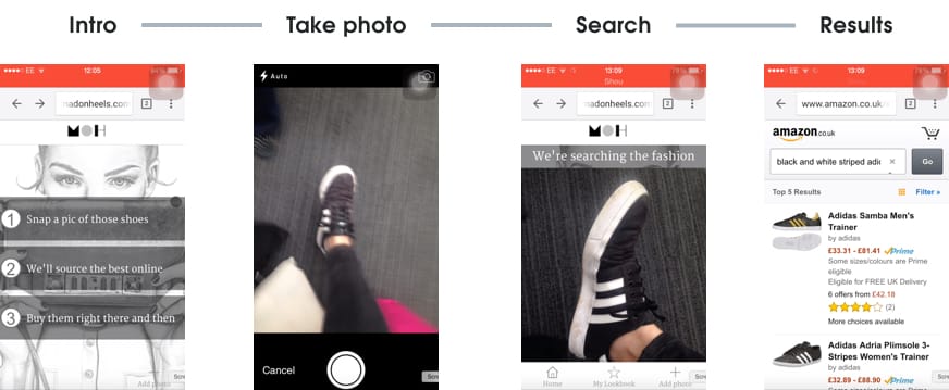 The prototype flow: Intro, take a photo of a shoe, search for a shoe, and finally results based on photo.