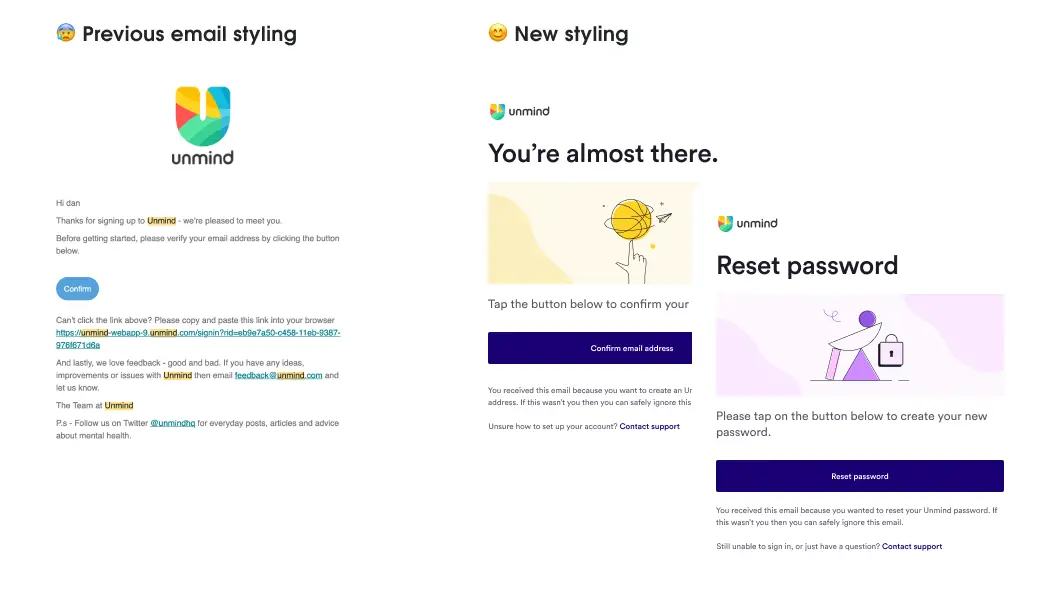 The old email style shown has a large Unmind logo at the top, lot's of similar sized text to read through, and one small button. The new email style shows a consistently sized headline, a visual relating to the email message, text that is sized by it's importance, and a large primary button.