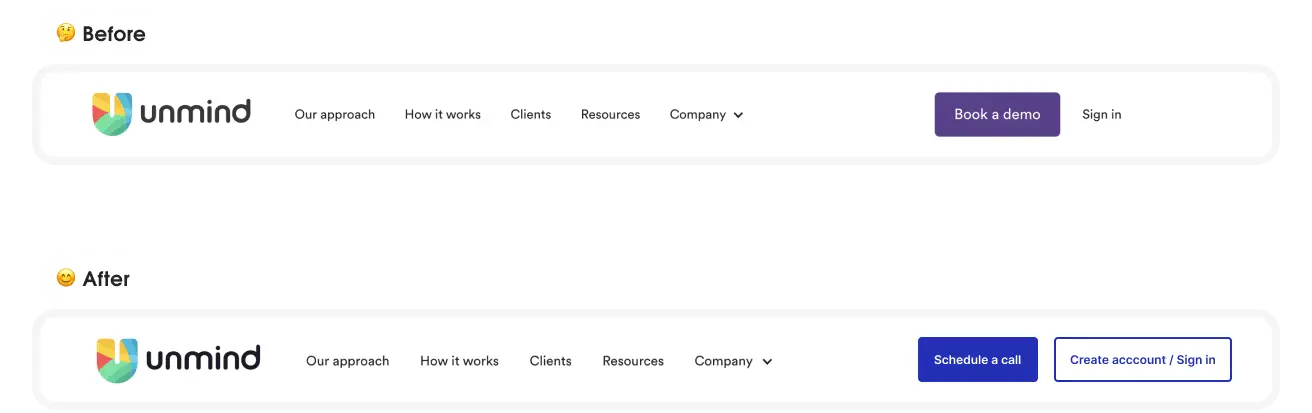 The previous website banner had a 'Sign in' button. The new website banner replaced this copy with a 'Create an account / Sign in' button.