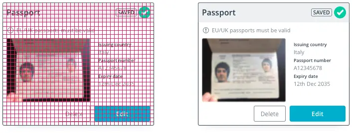 Document upload completed card with comparison between grid overlayed on top and final version.